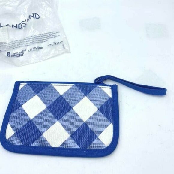 NEW Lands End Blue Embroidered Floral Mom White Plaid Gingham Canvas Wristlet - Picture 3 of 5